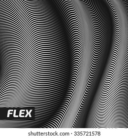 Vector warped lines background. Flexible stripes twisted as silk forming volumetric folds. Monochrome variable width stripes with shadows and highlights. Modern abstract creative backdrop.