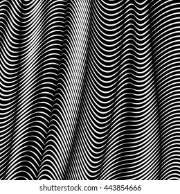 Vector warped lines background. Flexible stripes twisted as silk forming volumetric folds. Monochrome stripes with variable width. Modern abstract creative backdrop.