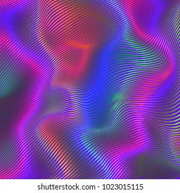 Vector warped lines colorful background. Modern abstract creative backdrop with multicolor variable width stripes. Twisted stripes optical illusion. Moire waves.