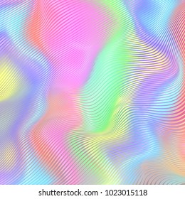 Vector warped lines colorful background. Modern abstract creative backdrop with multicolor variable width stripes. Twisted stripes optical illusion. Moire waves.