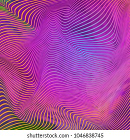 Vector warped lines colorful background. Modern abstract creative backdrop with multicolor variable width stripes. Twisted stripes optical illusion. Moire waves.