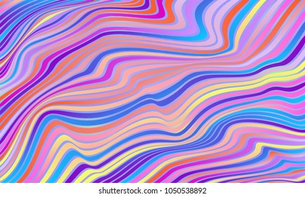 Vector warped lines colorful background. Modern abstract creative backdrop with multicolor variable width stripes. Twisted stripes optical illusion. Moire waves.