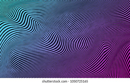 Vector warped lines colorful background. Modern abstract creative backdrop with multicolor variable width stripes. Twisted stripes optical illusion. Moire waves.