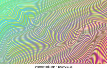 Vector warped lines colorful background. Modern abstract creative backdrop with multicolor variable width stripes. Twisted stripes optical illusion. Moire waves.