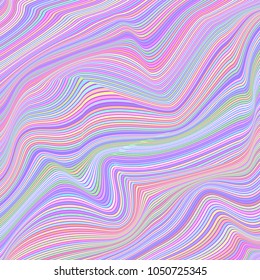 Vector warped lines colorful background. Modern abstract creative backdrop with multicolor variable width stripes. Twisted stripes optical illusion. 