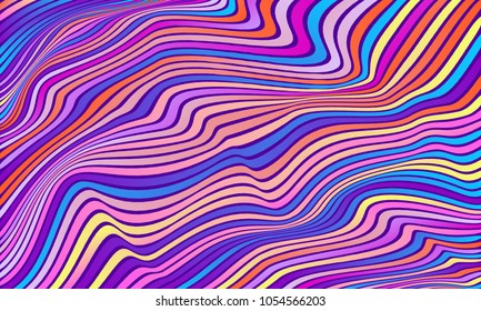 Vector warped lines colorful background. Modern abstract creative backdrop with multicolor variable width stripes. Twisted stripes optical illusion. 