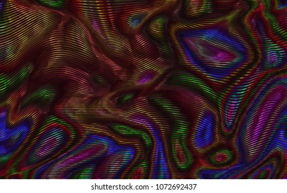 Vector warped lines colorful background. Modern abstract creative backdrop with multicolor variable width stripes. Twisted stripes optical illusion. Moire waves.