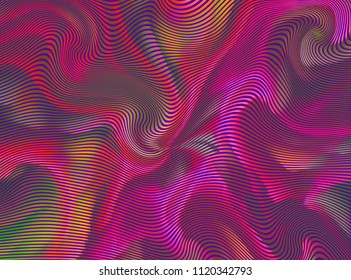 Vector warped lines colorful background. Modern abstract creative illustration with multicolor variable width stripes. Twisted stripes optical illusion. Moire waves.