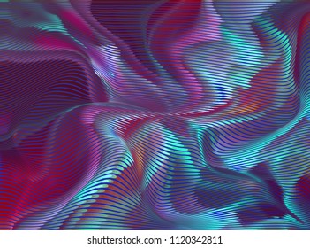Vector warped lines colorful background. Modern abstract creative illustration with multicolor variable width stripes. Twisted stripes optical illusion. Moire waves.