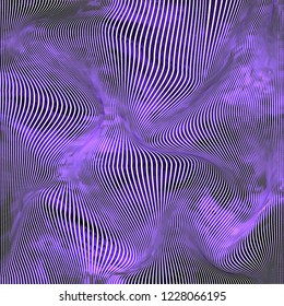 Vector warped lines colorful background. Modern abstract creative illustration with multicolor variable width stripes. Twisted stripes optical illusion. Moire waves.