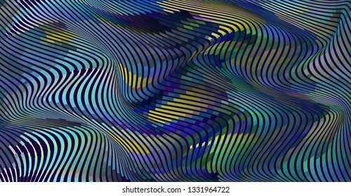 Vector warped lines colorful background. Modern abstract creative backdrop with multicolor variable width stripes. Twisted stripes optical illusion. Moire waves.