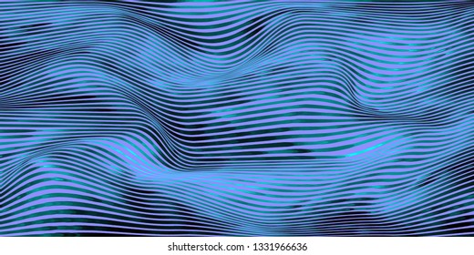 Vector warped lines colorful background. Modern abstract creative illustration with multicolor variable width stripes. Twisted stripes optical illusion. Moire waves