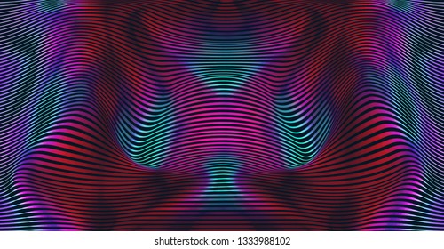 Vector warped lines colorful background. Modern abstract creative backdrop with multicolor variable width stripes. Twisted stripes optical illusion. Moire waves. 