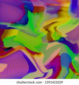 Vector warped lines colorful background. Modern abstract creative illustration with multicolor variable width stripes. Twisted stripes optical illusion. Moire waves. 