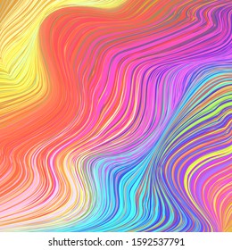 Vector warped lines colorful background. Modern abstract creative illustration with multicolor variable width stripes. Twisted stripes optical illusion. Moire waves. 