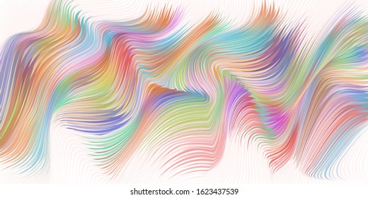 Vector warped lines colorful background. Modern abstract creative illustration with multicolored variable width stripes. Twisted stripes optical illusion. Moire waves. 
