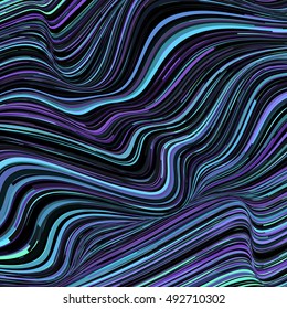Vector warped lines colorful background. Modern abstract creative backdrop with multicolor variable width stripes. Twisted stripes optical illusion.