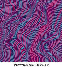 Vector warped lines colorful background. Modern abstract creative backdrop with multicolor variable width stripes. Twisted stripes optical illusion.