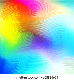 Vector warped lines colorful background. Modern abstract creative backdrop with multicolor variable width stripes. Twisted stripes optical illusion. 