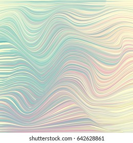 Vector warped lines colorful iridescent background. Modern abstract creative backdrop with rainbow colored variable width stripes. Twisted stripes optical illusion.