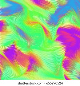 Vector warped lines colorful iridescent background. Modern abstract creative backdrop with rainbow colored variable width stripes. Twisted stripes optical illusion.