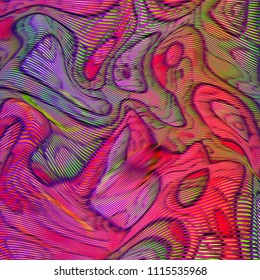 Vector warped lines colorful vibrant background. Modern abstract creative texture with multicolor variable width stripes. Twisted stripes optical illusion. Moire waves.