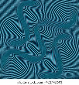 Vector warped lines cyan background. Modern abstract creative backdrop with colorful variable width stripes. Twisted stripes optical illusion in blue hues.