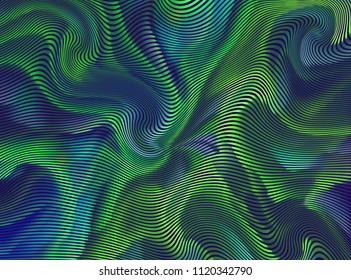 Vector warped lines green background. Modern abstract creative illustration with multicolor variable width stripes. Twisted stripes optical illusion. Moire waves.