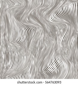 Vector warped lines monochrome background. Modern abstract creative backdrop with variable width stripes. Twisted stripes optical illusion.