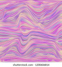 Vector warped lines pink background. Modern abstract creative backdrop with multicolor variable width stripes. Twisted stripes optical illusion. Moire waves.
