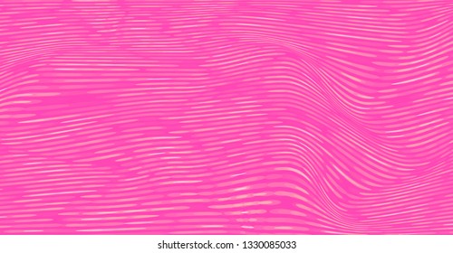 Vector warped lines pinkl background. Modern abstract creative backdrop. Twisted stripes optical illusion. Moire waves.