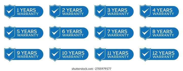 Vector de Garantía escudo insignia etiqueta icono - etiquetas de garantía confiable para Productos y servicios. Etiquetas de Garantía para 1 a 12 años, año de Garantía Etiqueta de Anuncio Diseño de Vector