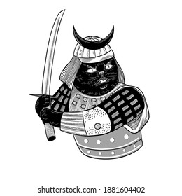 Vector warrior cat with a sword. Japanese Samurai black cat in traditional clothes. Cartoon character