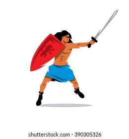 Vector Warrior man Cartoon Illustration. Barbarian with a shield and sword in a jump attack. Branding Identity Corporate Logo isolated on a white background