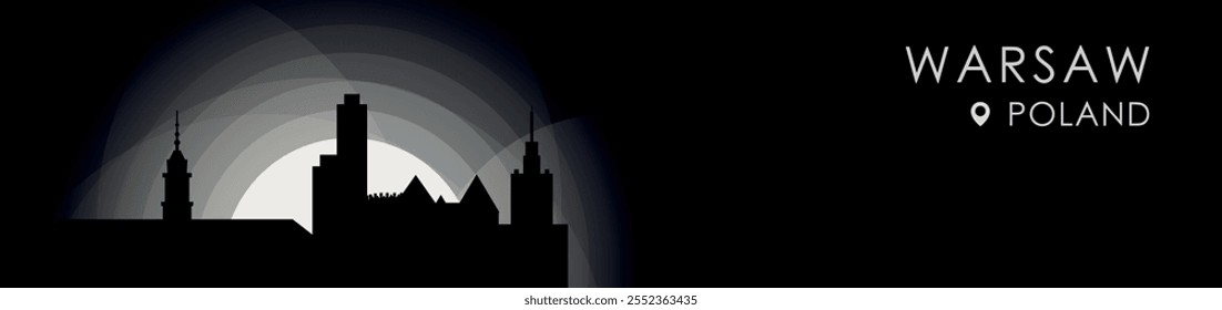 Vector Warsaw, Poland cityscape banner. Black and white placard profile picture for header, footer