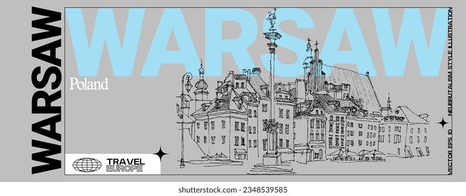 Vector Warsaw Poland Europe postcard. Castle Square line drawing. Vintage architecture cityscape. Historic buildings. Artistic travel sketch. Handdrawn touristic poster. European building illustration