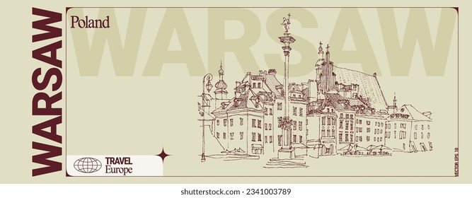 Vector Warsaw, Poland postcard. Castle Square in old center. Historic buildings. Artistic travel sketch in vintage colors. Modern British hand drawn touristic ticket template