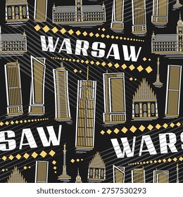 Vector Warsaw Seamless Pattern, square background with outline illustration of nighttime warsaw city scape on dark backdrop for textile or fabric, decorative line art urban placard with text warsaw