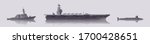 Vector warship set. Aircraft carrier destroyer and submarine. Isolated illustration. Collection