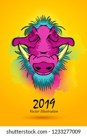 Vector warthog head. Warthog is a wild member of the pig family 