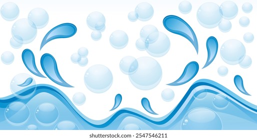 Vector wash background. Abstract blue wavy lines and bubbles floating on a white background create a refreshing and clean design