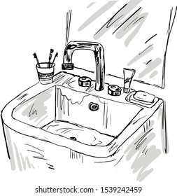 vector washbasin with toothbrushes, toothpaste and soap