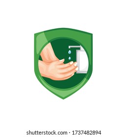 Vector washing hands with antiseptic liquid to maintain. Illustration of cartoon sign.