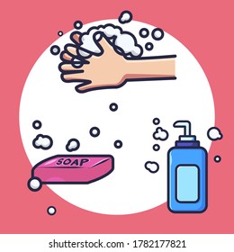 Vector Of Washing Hands. Hand, Soap, And Hand Sanitizer Vector Illustration
