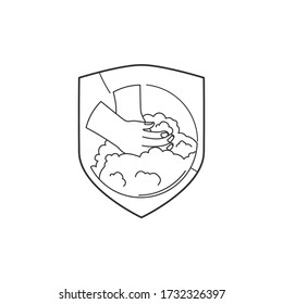Vector washing hands with soap to guard. Line art vector sign.