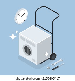 Vector washing machine repair isometric illustration. Washing machine after repair on dolly with tools and clocks. Repair of household appliances service, shipping and delivery concept.