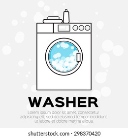 Vector washing machine with towel and bottle. Front view, close-up. Light grey background.