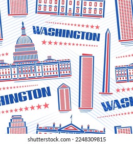 Vector Washington Seamless Pattern, repeating background with illustration of famous washington city scape on white background for wrapping paper, decorative line art urban poster with text washington