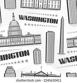 Vector Washington Seamless Pattern, square repeat background with illustration of famous washington city scape on white background for wrapping paper, line art urban poster with dark text washington