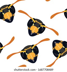 Vector wasp head seamless pattern isolated on white background. Hand drawn insect repeat design. Beautiful animal design elements for textile, wallpaper, prints, patterns and wrapping paper.